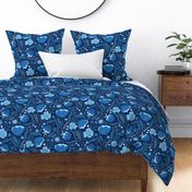 Boho - Folk Floral blue shades on dark blue L