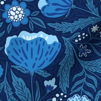Boho - Folk Floral blue shades on dark blue L
