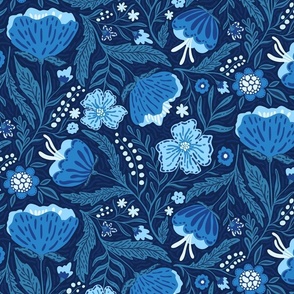 Boho - Folk Floral blue shades on dark blue L