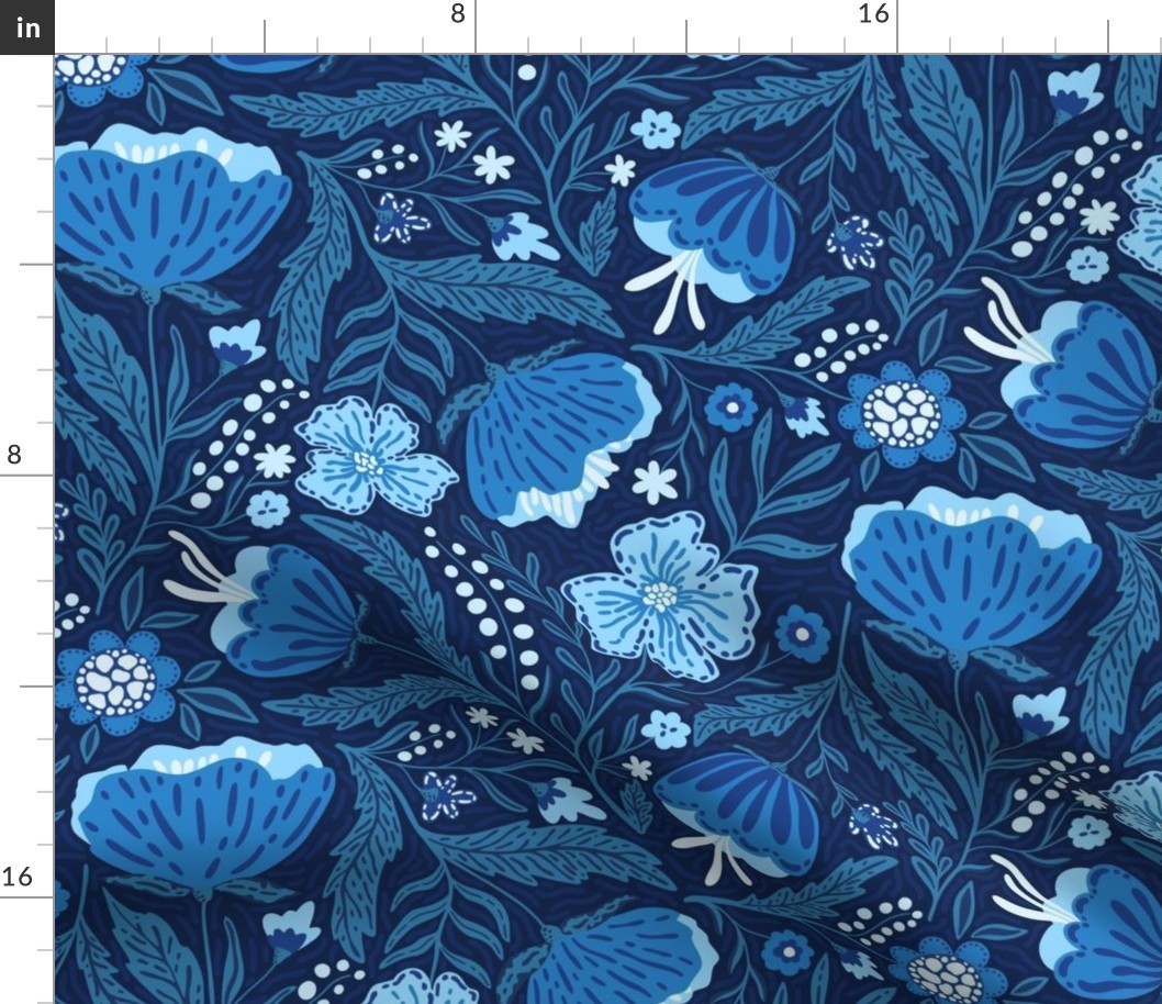 Boho - Folk Floral blue shades on dark blue L