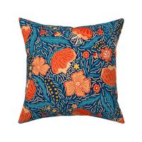 Boho - Folk Floral Neutral red blue on dark blue light texture L