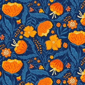 Boho - Folk Floral Neutral orange, blue on dark blue L