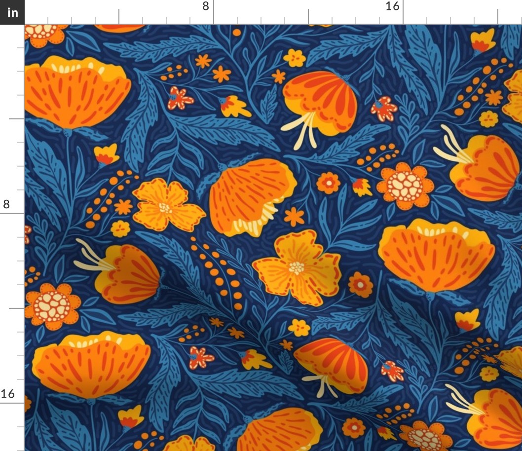 Boho - Folk Floral Neutral orange, blue on dark blue L