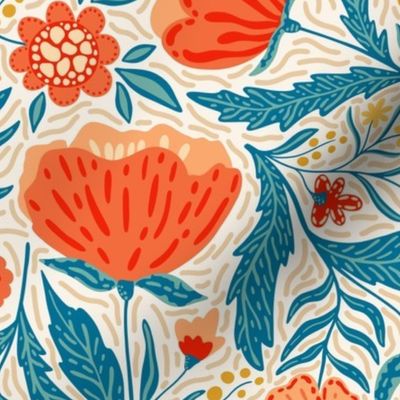 Boho - Folk Floral Neutral red blue on light L