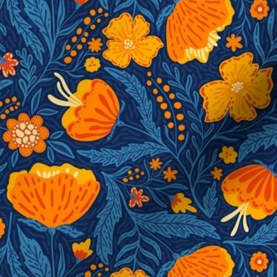 Boho - Folk Floral Neutral orange_ blue on dark blue M