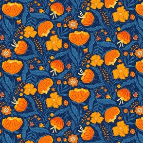 Boho - Folk Floral Neutral orange_ blue on dark blue M