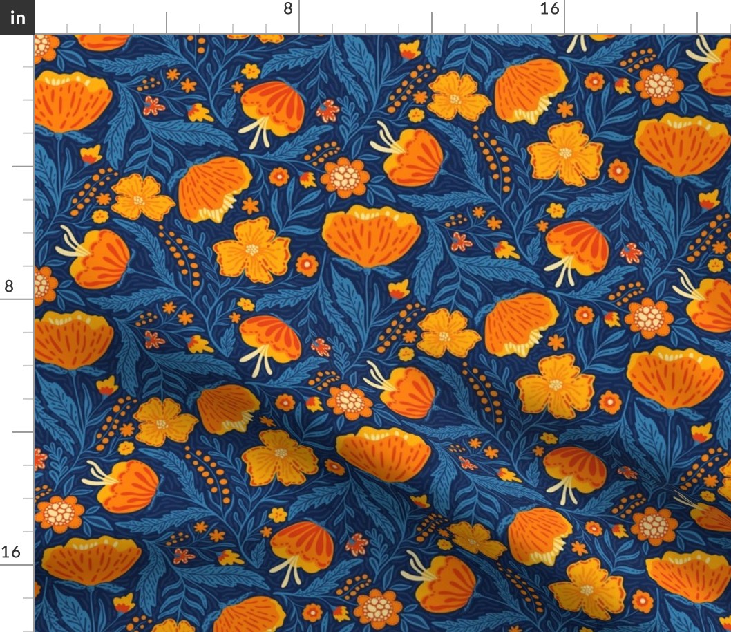 Boho - Folk Floral Neutral orange_ blue on dark blue M