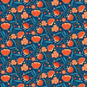 Boho - Folk Floral Neutral red blue on dark blue S