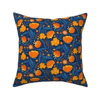 Boho - Folk Floral Neutral orange_ blue on dark blue S