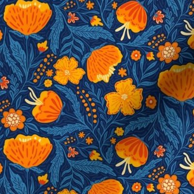 Boho - Folk Floral Neutral orange_ blue on dark blue S