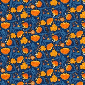 Boho - Folk Floral Neutral orange_ blue on dark blue S