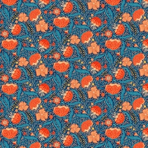 Boho - Folk Floral Neutral red blue on dark blue light texture S