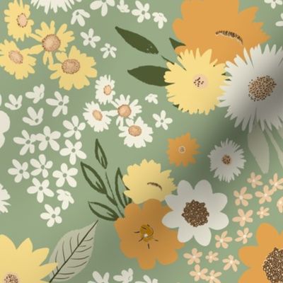 dense retro floral wilderness // soft sage + marigold