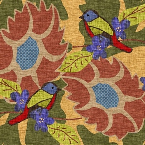 15  Painted Buntings and Sunflowers