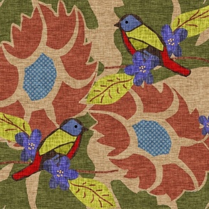 14  Painted Buntings and Sunflowers