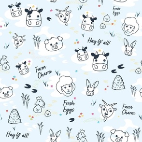 Light Blue Friendly Farm Animal Faces outline doodles