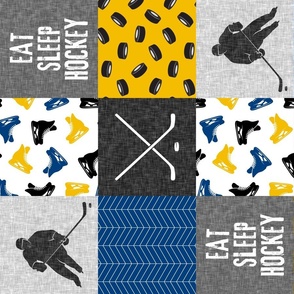Eat Sleep Hockey - Ice Hockey Patchwork - Hockey Nursery - Wholecloth blue and gold (90) - C22