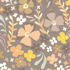 Wild Bohemian floral 1. LARGE Coffee, Yellow & Sage