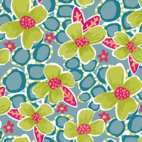 Modern Blossoms- lime and Aqua- large scale