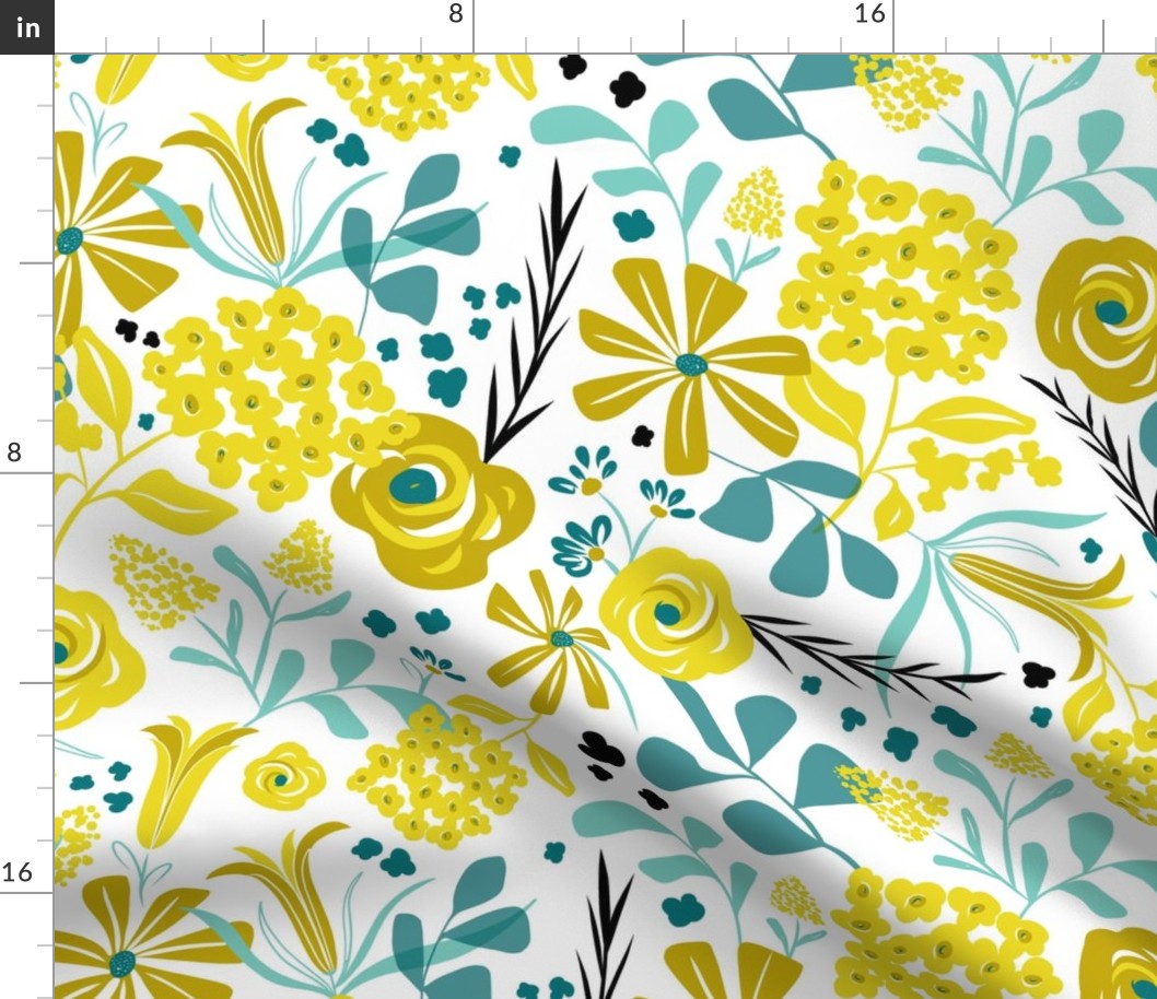 Darcy - Retro Floral - Mustard Yellow, Teal and Black Large Scale