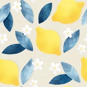 Yellow lemons and blue leaves seamless pattern