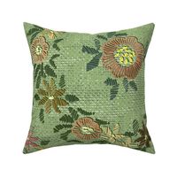 Modern embroidered flowers sage green - L