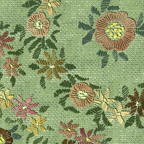 Modern embroidered flowers sage green - L