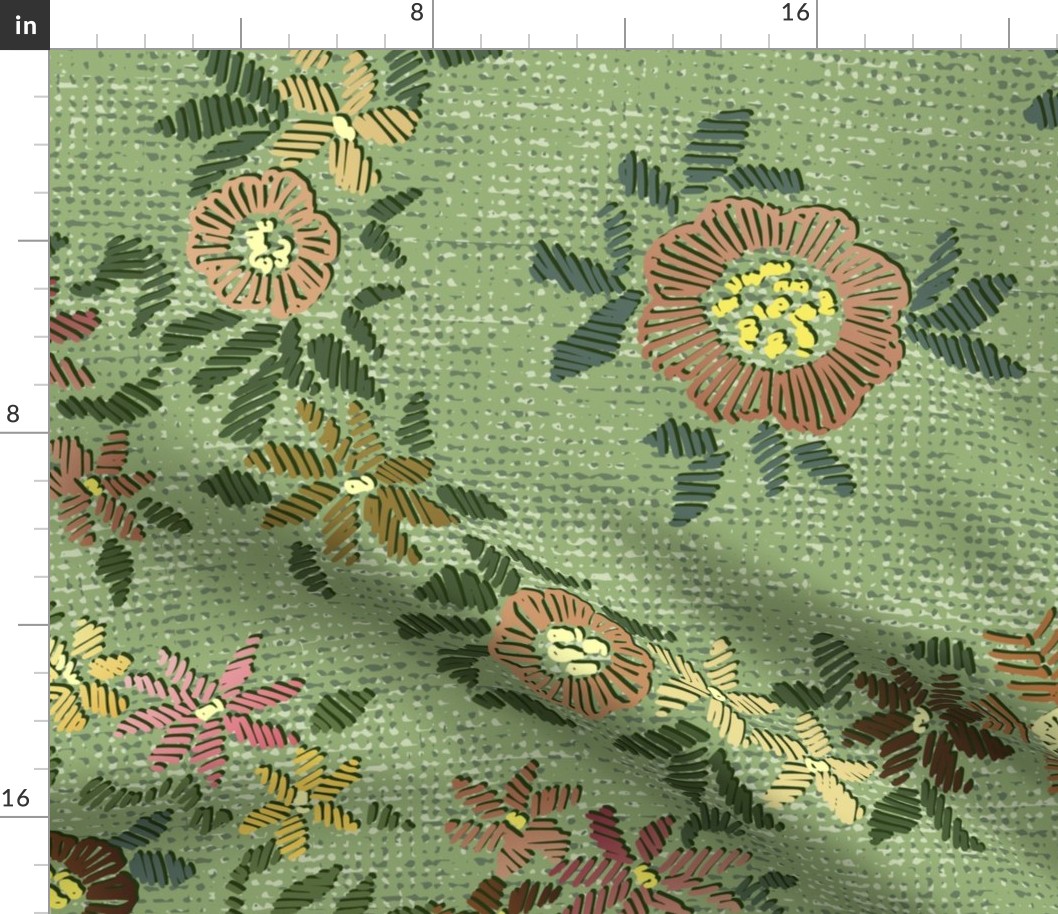 Modern embroidered flowers sage green - L