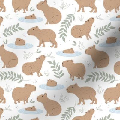 Wild Animals - Capybara friends swimming in the pond tropical jungle leaves green neutral boys