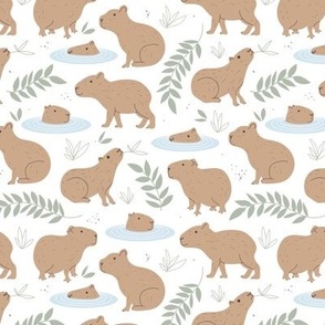 Wild Animals - Capybara friends swimming in the pond tropical jungle leaves green neutral boys