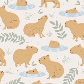 Wild Animals - Capybara friends swimming in the pond tropical jungle leaves green caramel on sand neutral boys 