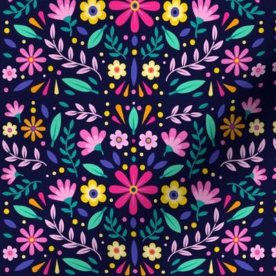 Mexican Floral, Folk Art, Traditional Mexican Pattern. Bright Mexican Floral pattern on White Background, Pink Flowers, Yellow Flowers 