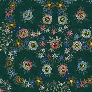 Modern embroidered flowers dark emerald - M
