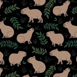 Wild animals - sweet capybara friends and lush jungle leaves green beige sand on black dark night