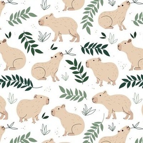 Wild animals - sweet capybara friends and lush jungle leaves green beige sand on white