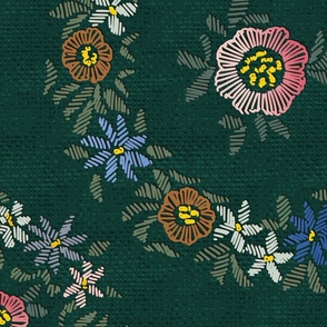 Modern embroidered flowers dark emerald - L