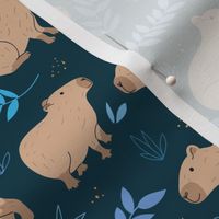 Wild animals - sweet capybara friends and lush jungle leaves blue beige on navy