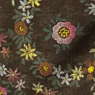 Modern embroidered flowers dark coffee - M