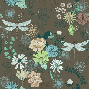 Dragonfly Floral - Brown - jumbo