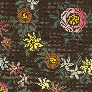 Modern embroidered flowers dark coffee - L