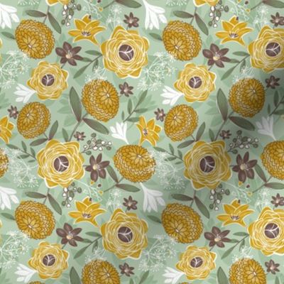 Jardin Fleuri - Boho Floral Sage Green Yellow Small Scale