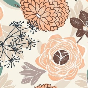 Jardin Fleuri - Boho Floral Ivory Peach Eucalyptus Large Scale