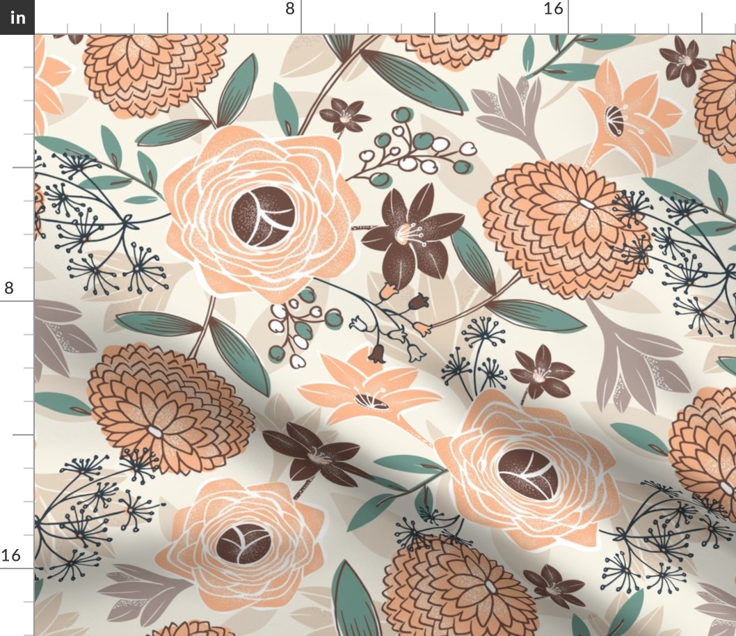 Jardin Fleuri - Boho Floral Ivory Peach Eucalyptus Large Scale