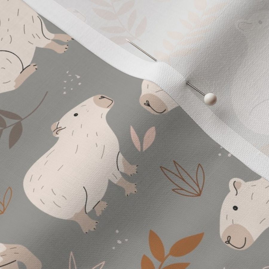 Wild animals - sweet capybara friends and lush jungle leaves beige brown beige on gray vintage palette