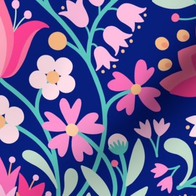 Folk embroidery flowers navy pink jumbo 24 scale wallpaper X scale by Pippa Shaw