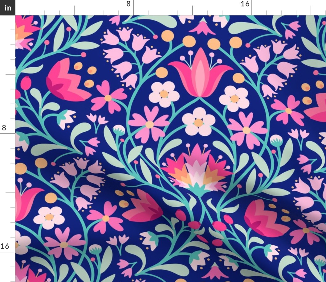 Folk embroidery flowers navy pink jumbo 24 scale wallpaper X scale by Pippa Shaw