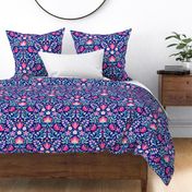 Folk embroidery flowers navy pink XL scale by Pippa Shaw