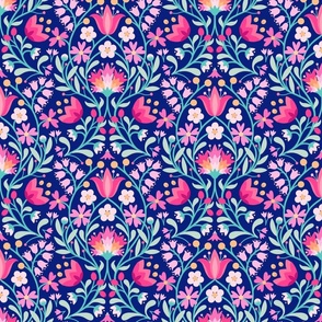 Folk embroidery flowers navy pink Large scale by Pippa Shaw