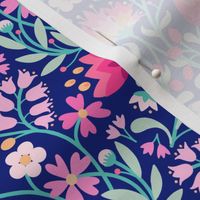 Folk embroidery flowers navy pink medium scale by Pippa Shaw