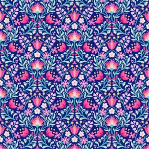 Folk embroidery flowers navy pink medium scale by Pippa Shaw